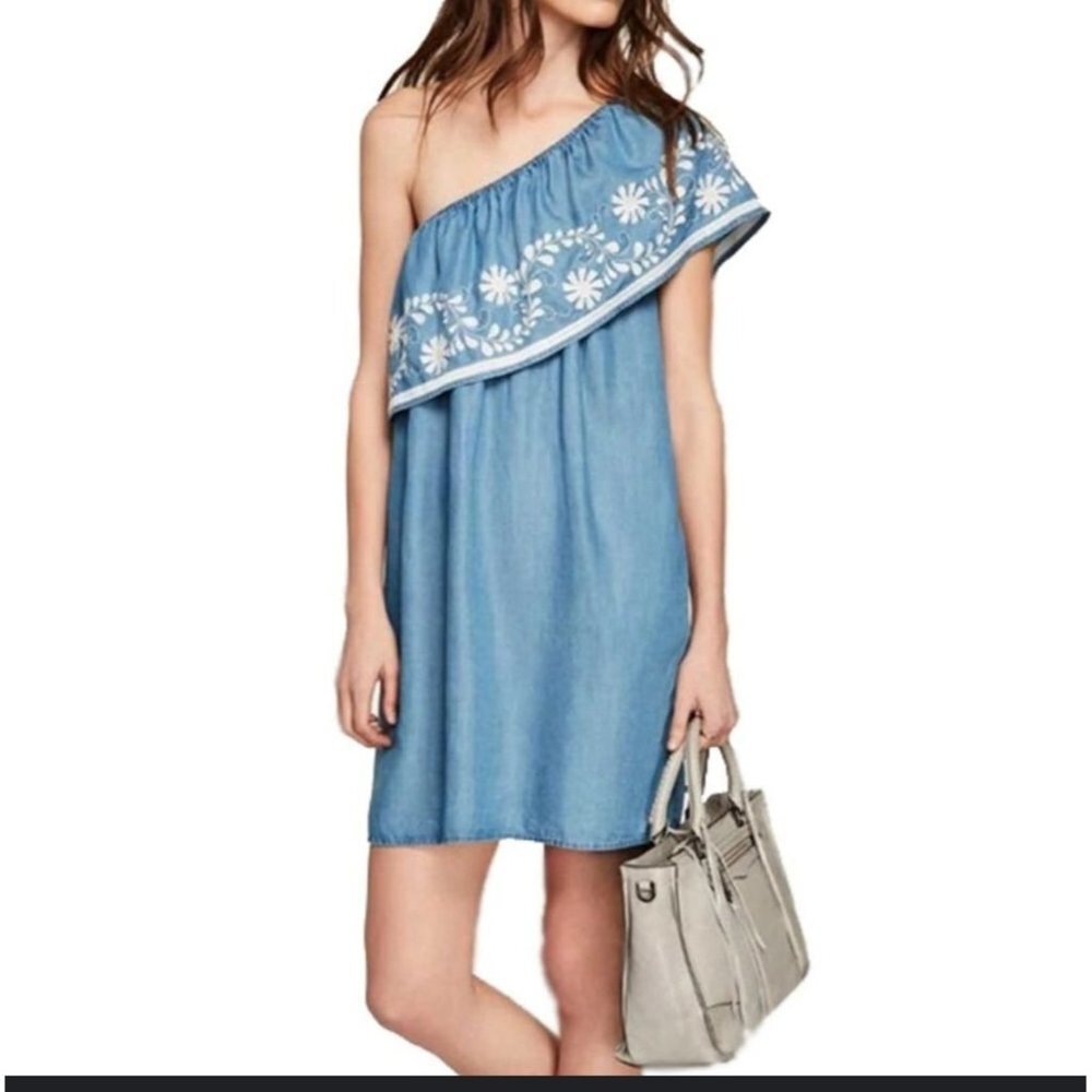 Rebecca Minkoff Rita Embroidered One Shoulder Womens Dress size‎ Medium Chambray